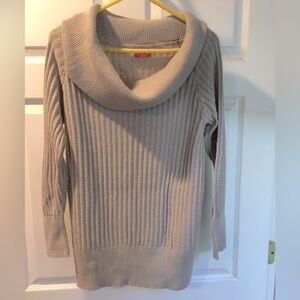 Beautiful champagne colored off the shoulder long sweater - has gold accents